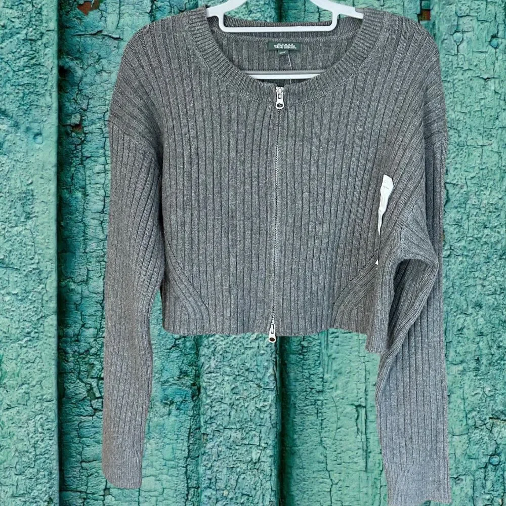 NWT Wild Fable Front Zip Long Sleeve Gray Ribbed Sweater Size Large